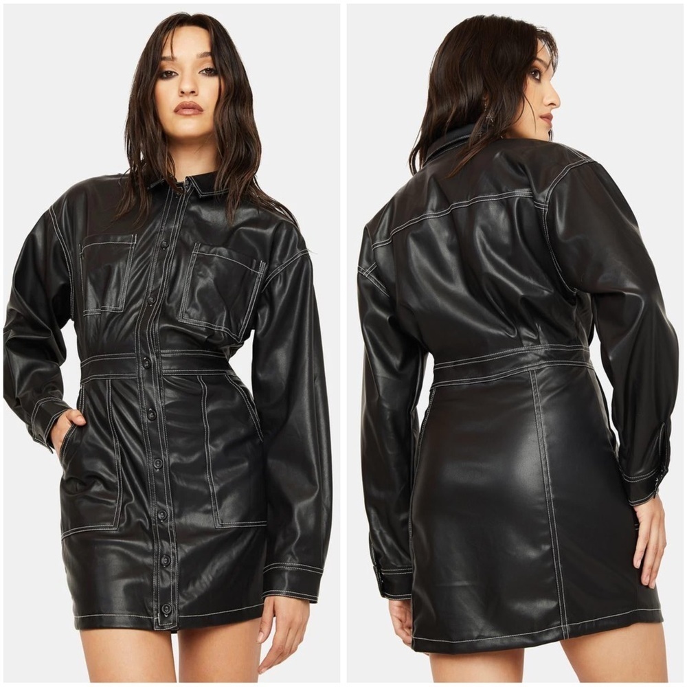 Emory Park Black Not Easily Amused Vegan Leather Mini Shirt Dress Size Small